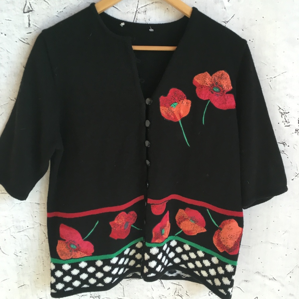BLACK RED FLORAL SHORT SLEEVE SWEATER CARDIGAN